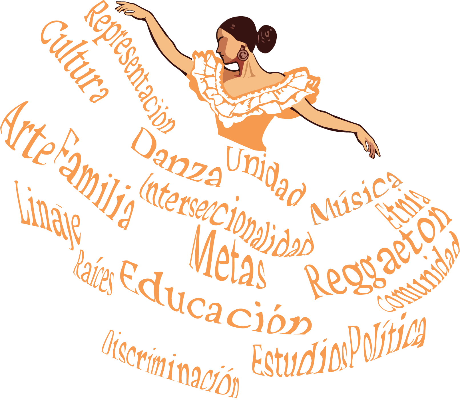 Graphic of a woman with a dress composed of various culture elements and societal issues